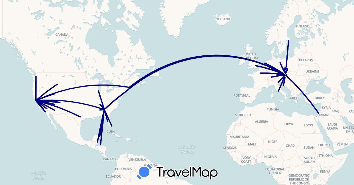 TravelMap itinerary: driving in Austria, Belgium, Belize, Switzerland, Germany, France, United Kingdom, Honduras, Croatia, Israel, Italy, Mexico, Netherlands, Sweden, Slovakia, United States (Asia, Europe, North America)